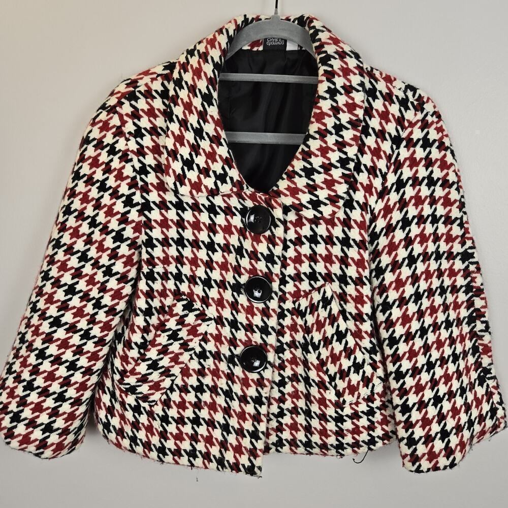 Charming Charlie White Black Red Houndstooth Pattern 3 Button Jacket Cottage